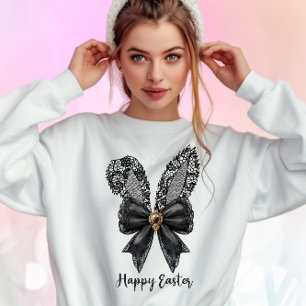 Sweatshirt Joyeux Pâques noir dentelle lapin dentelle oreille
