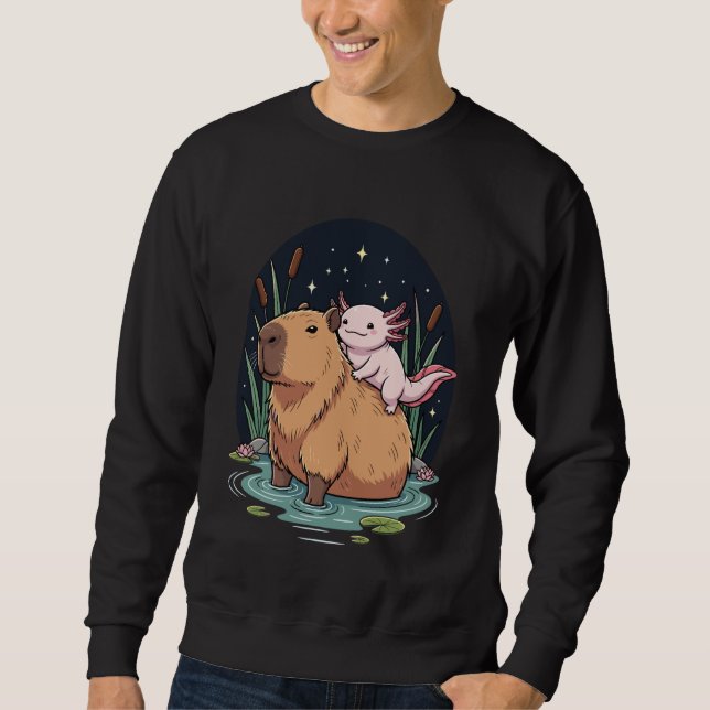 Sweatshirt Kawaii Axolotl Riding Capybara Starry Nights Outdo (Devant)