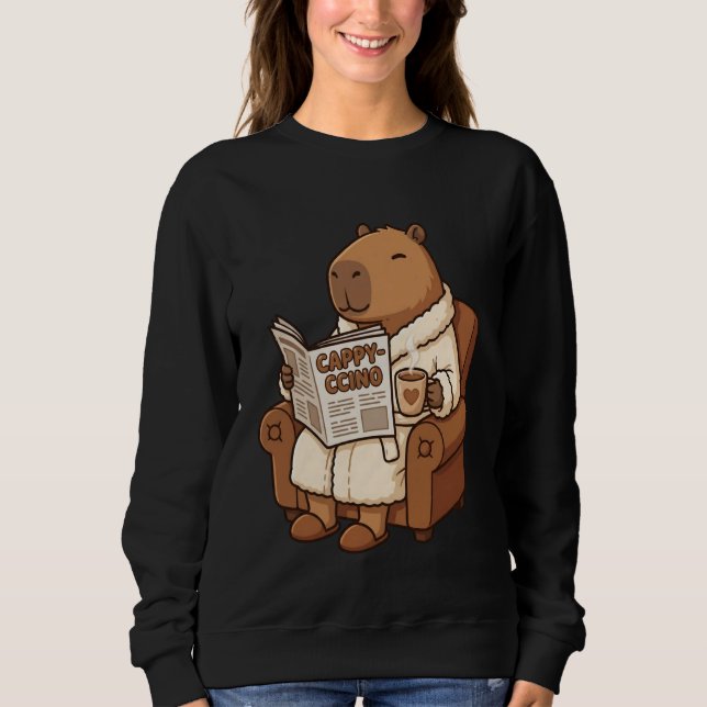 Sweatshirt Kawaii Capybara Coffee Pun Cappy-ccino Reading New (Devant)