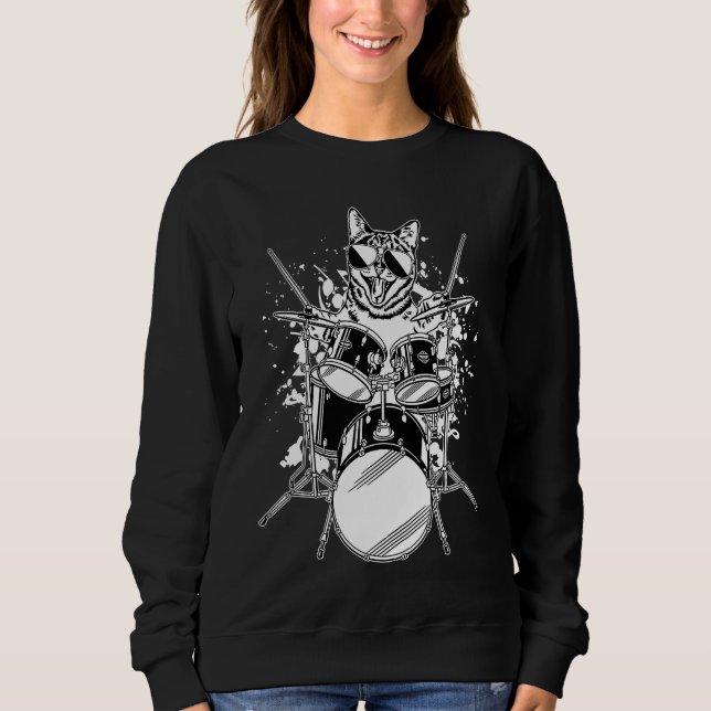Sweatshirt Kitten Kitty Cat Drummer Wearing Sunglasses Playin (Devant)