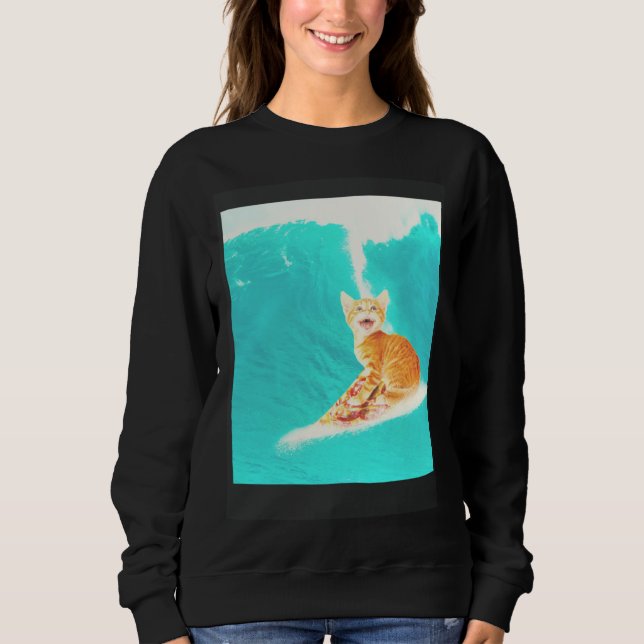 Sweatshirt Kitty Cat Surfing Pizza (Devant)