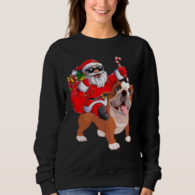 Sweatshirt Le père noël monte Noël drôle de bouledogue (Devant)