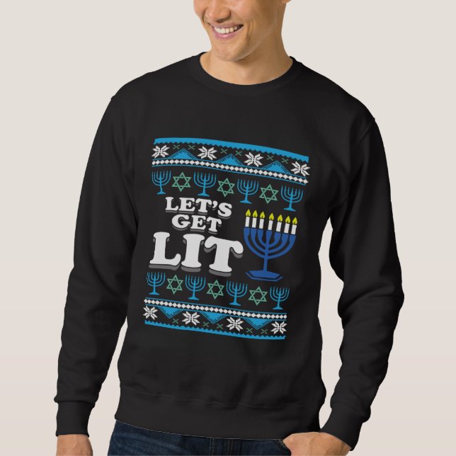Sweatshirt Let s Get Lit Jewish Ugly Hanukkah Christmas (Devant)