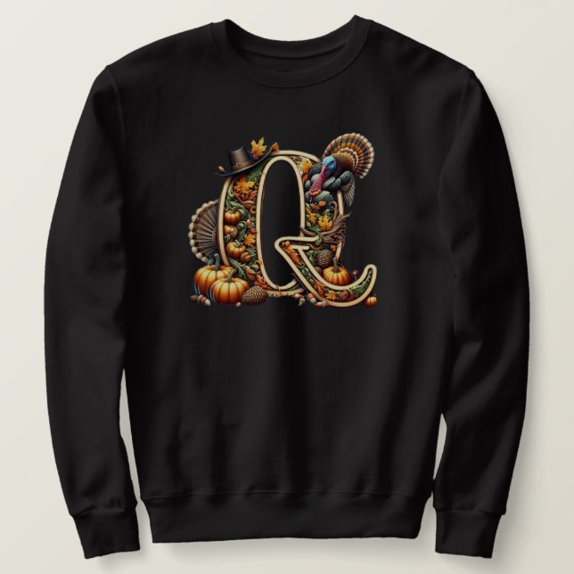 Sweatshirt Letter Q Thanksgiving style turkey  (Design devant)