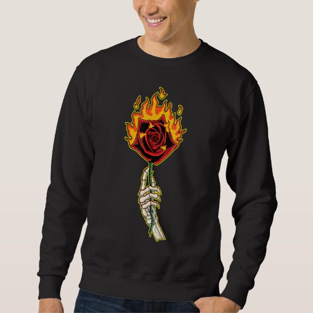 Sweatshirt Main de squelette avec fleur de rose en feu (Devant)