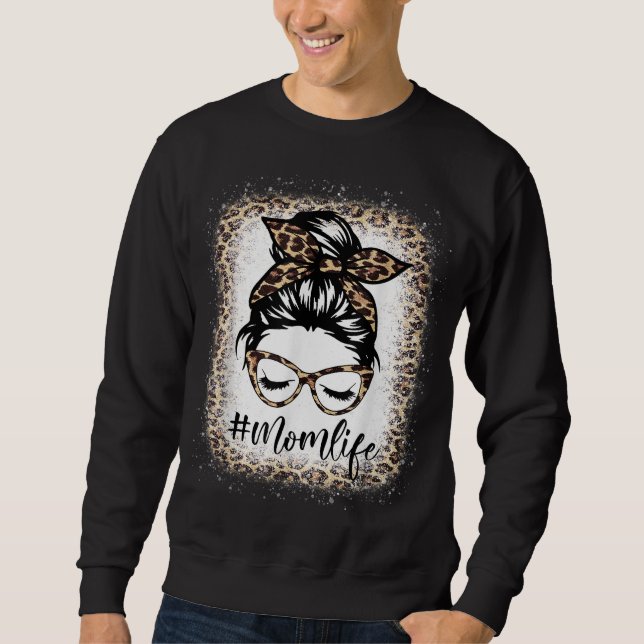 Sweatshirt Maman Vie Leopard Messy Bun Bleached Femmes Mères (Devant)