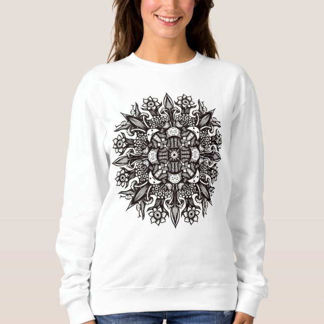 Sweatshirt Mandala de champignons psychédéliques noir et blan (Devant)