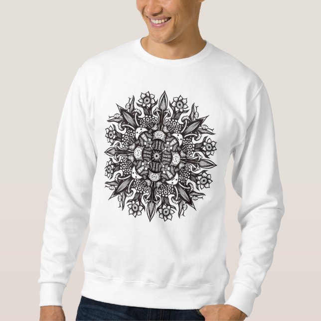 Sweatshirt Mandala de champignons psychédéliques noir et blan (Devant)