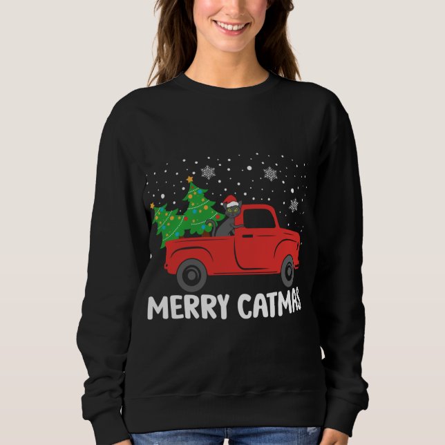 Sweatshirt Merry Catmas Chat noir et sapin de Noël Truc rouge (Devant)