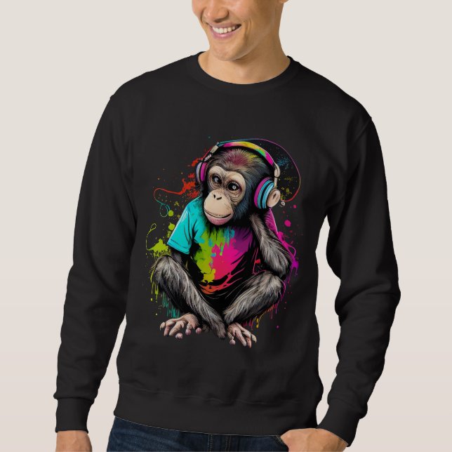 Sweatshirt Mignons Singe Écouter Musique, Musique Singe Obséd (Devant)