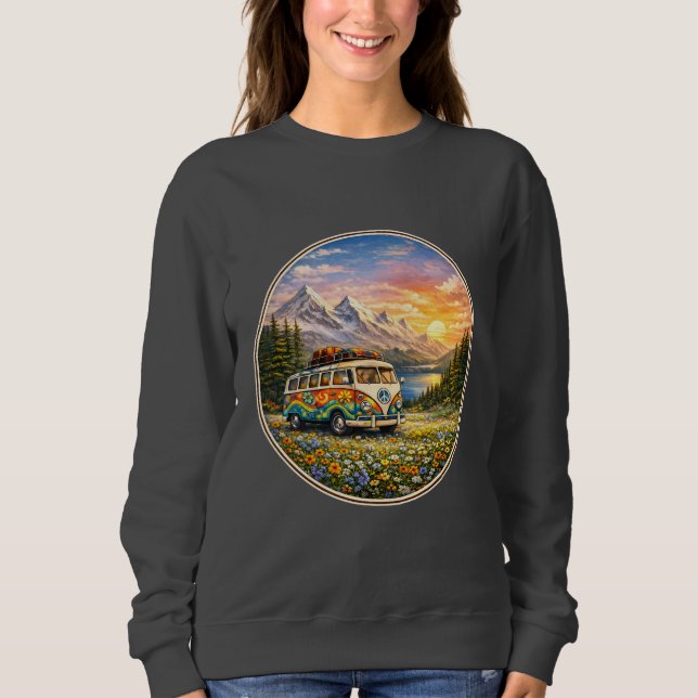 Sweatshirt Mountain Sunset Wildflowers Retro Hippie Van Life (Devant)