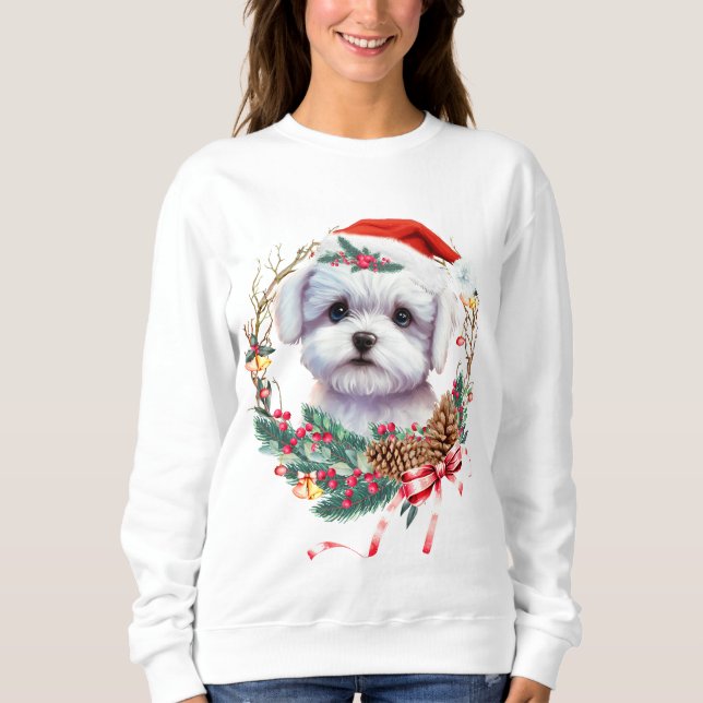 Sweatshirt Noël des chiots maltais, Noël des chiots maltais (Devant)