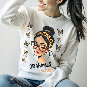 Sweatshirt Nom personnalisé Leopard Messy Bun et Butterflies
