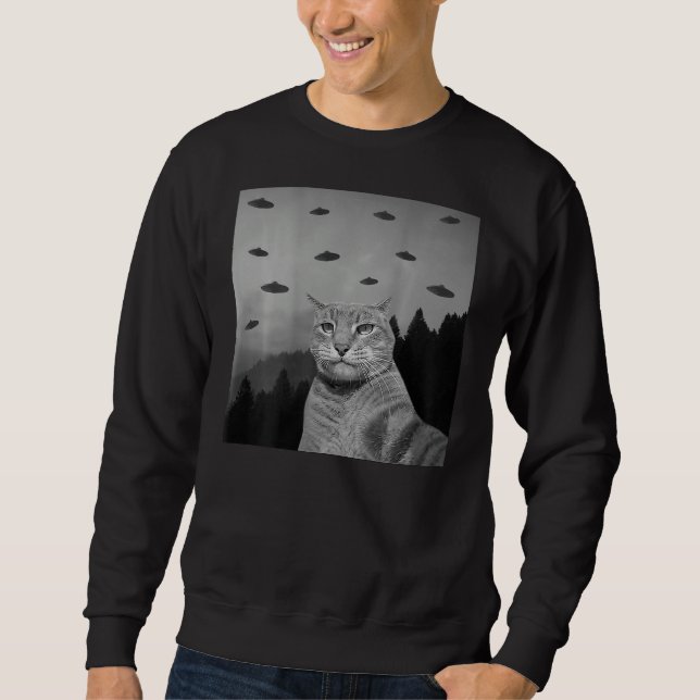 Sweatshirt ON BACK PRINT   Cat  Taking Photo UFO Aliens (Devant)