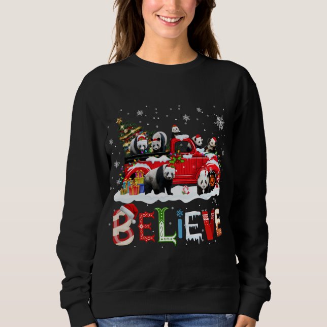 Sweatshirt Panda équitation Camion Rouge Arbre de Noël Croire (Devant)
