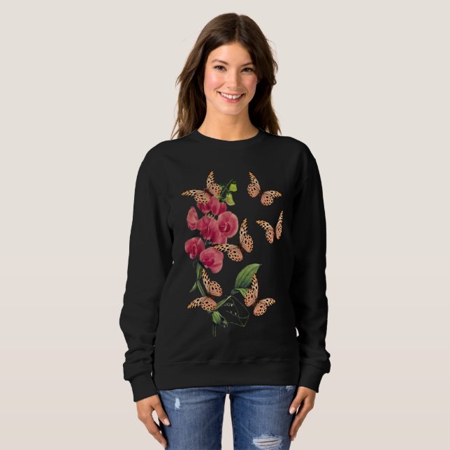 Sweatshirt Papillons Et Fleur De Pois Doux Noir (Devant entier)