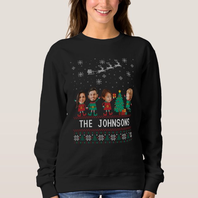 Sweatshirt Personnalisé Funny Face Photo Noël Famille d'elfes (Devant)