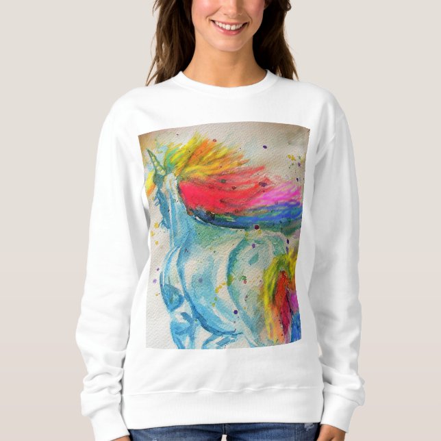 Sweatshirt Rainbow Cute Unicorne Womans Aquarelle Art (Devant)