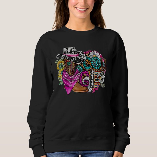 Sweatshirt Retro Cowgirl Boots Hat Sunflower Turquoise Wester (Devant)