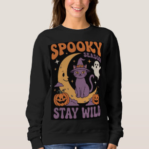Sweatshirt Rétro Saison Effrayante Reste Sauvage Chat Sorcièr