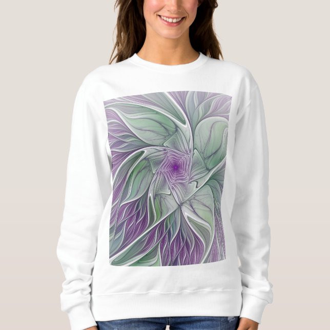 Sweatshirt Rêve de fleurs, Abstrait violet vert Fractal Art (Devant)