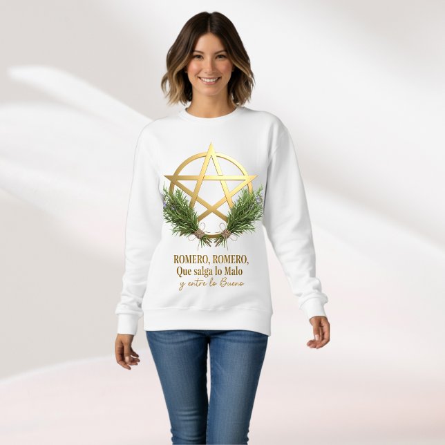 Sweatshirt Romero y Pentáculo talismán tradición Celta (Bonito diseño elegante pentagrama dorado con romero en flor, inspiración bruja verde)