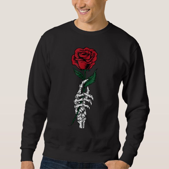 Sweatshirt Rose Flower White Skeleton Hand Holding A Red Rose (Devant)