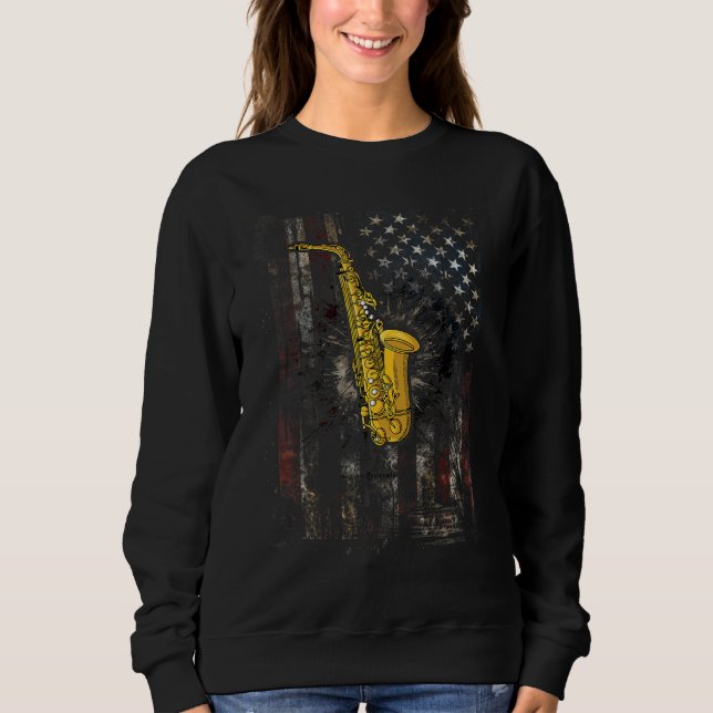 Sweatshirt Saxophone 4th Of July Patriotic Distressed America (Devant)