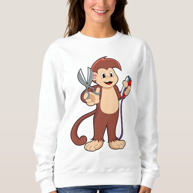 Sweatshirt Singe comme coiffeur avec ciseaux et razor (Devant)