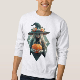 Sweatshirt Sorcière tenant citrouille avec Floral Witch Casqu