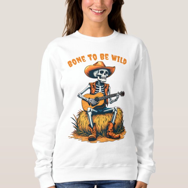 Sweatshirt Squelette de cowboy d'Halloween jouant de la guita (Devant)