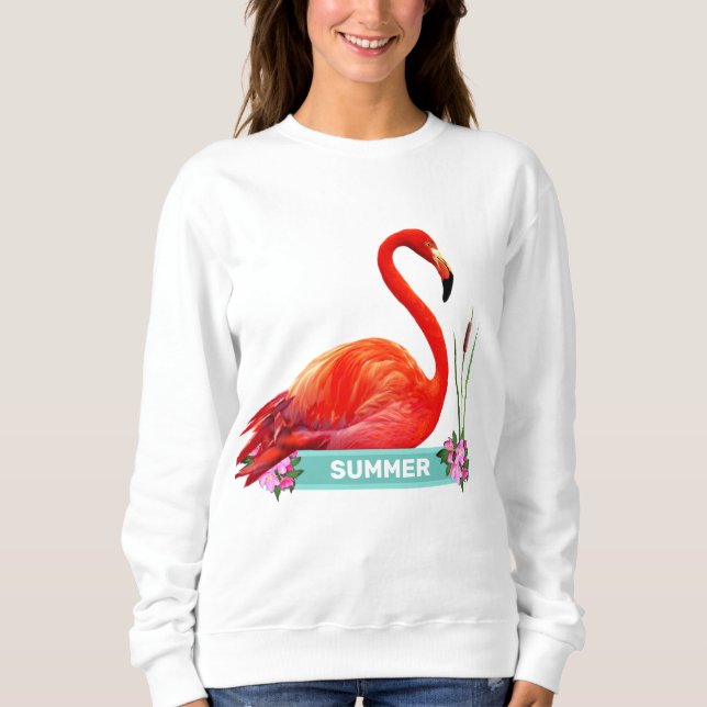 Sweatshirt T-shirt Flamant rose et fleurs rose corail (Devant)