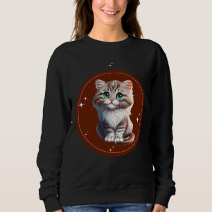 Sweatshirt T-Shirt Marron Blanc Illustré avec un Chat Mignon