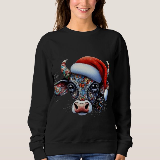 Sweatshirt Taureau de vache de Noël avec/Santa Hat Art folklo (Devant)