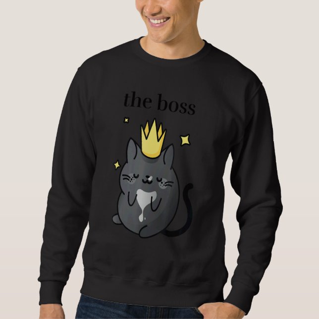 Sweatshirt The Boss   Black Tuxedo Cat with Crown  Cozy Cat   (Devant)