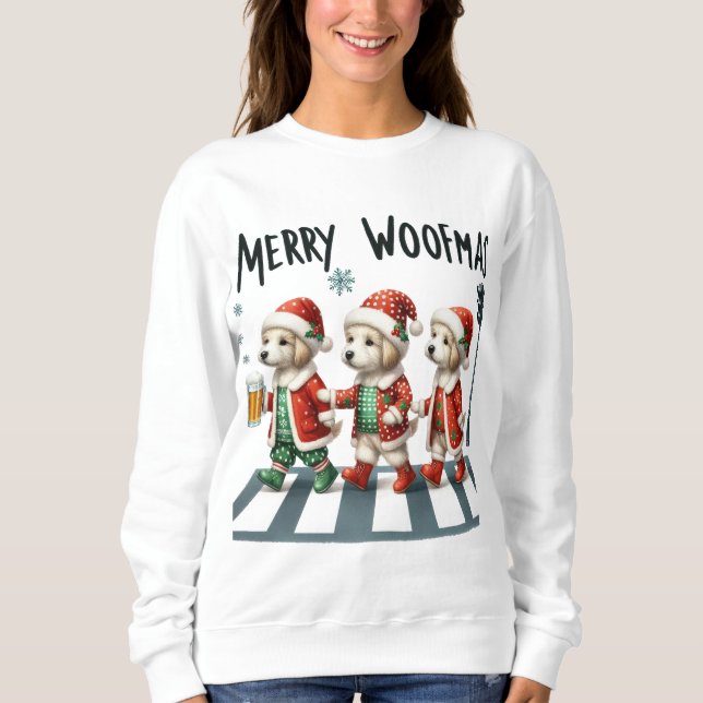 SWEATSHIRT THREE ADORABLE CHRISTMAS DOGS MERRY WOOFMAS (Devant)