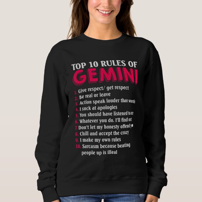 Sweatshirt Top 10 Règles du Signe du Zodiaque Gémeaux (Devant)
