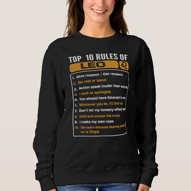 Sweatshirt Top 10 Rules Of Leo, Leo Facts Traits (Devant)