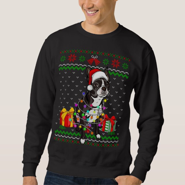 Sweatshirt Ugly Sweater Christmas Lights Boston Terrier Dog L (Devant)