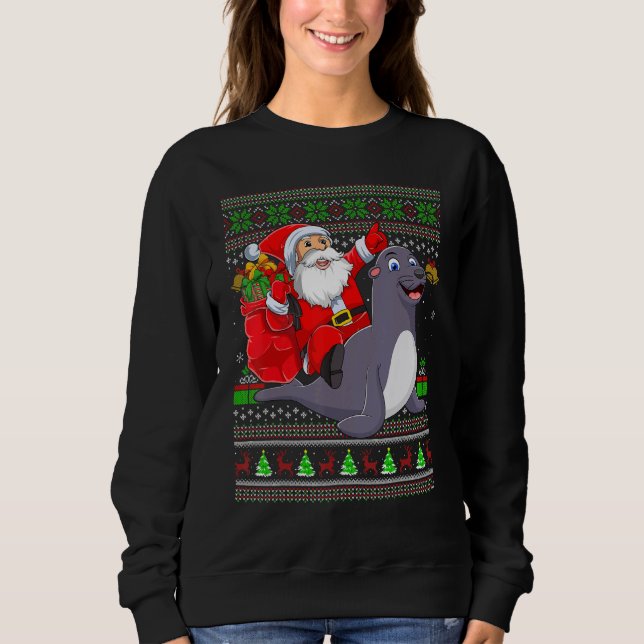 Sweatshirt Ugly Xmas Santa Riding Seals Christmas (Devant)