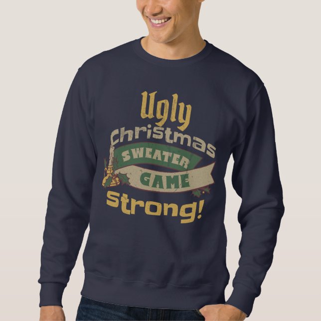 Sweatshirt Vilain Jeu de Sweater de Noël Fort! Bleu Marine (Devant)