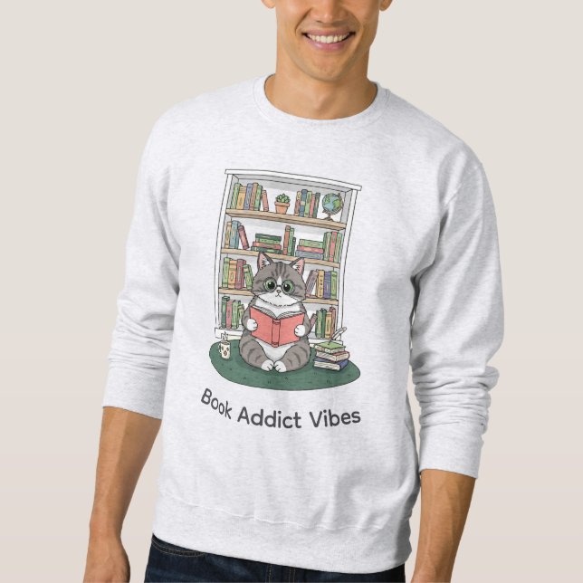 Sweatshirt Whimsical Kitten Glasses Book Lover Bookshelf Cozy (Devant)