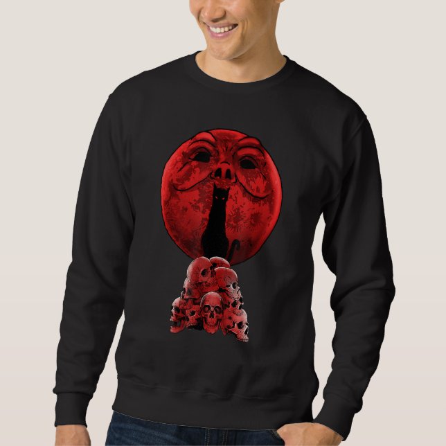 Sweatshirt Whimsigoth Red Halloween Cat Skull Full Moon Gothi (Devant)