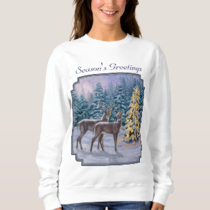 Sweatshirt Whitetail Deer & Christmas Tree Scene hivernale