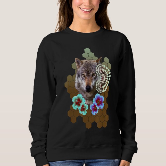 Sweatshirt Wolf Floral Flower Alien Honeycomb Olive to Brown  (Devant)