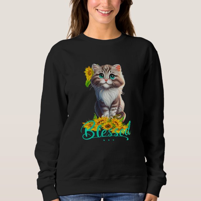 Sweatshirt Womens Blessed Cute Tabby Kitty With Sunflowers Ch (Devant)
