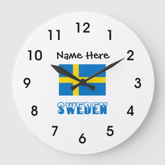 Sweden and Swedish Flag with Your Name Large Clock Große Wanduhr (Vorderseite)