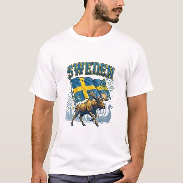 Sweden Flag Patriotic Moose Viking Celebration T-Shirt (Vorderseite)