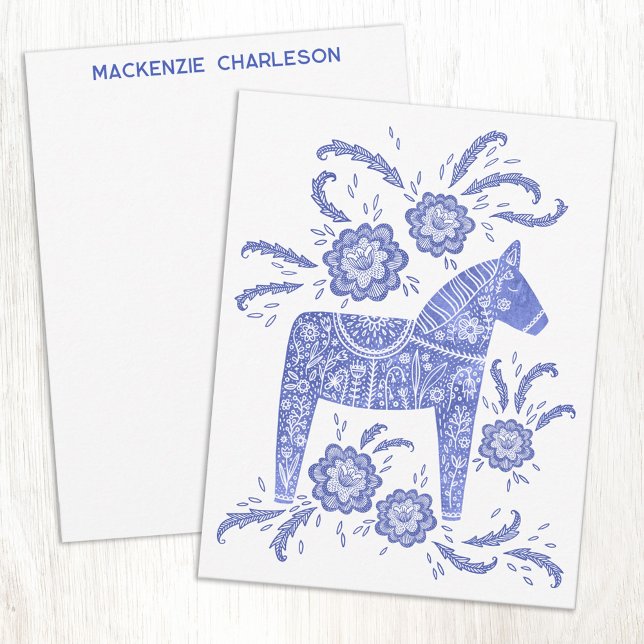 Swedish Dala Horse Blue and White Personalized Mitteilungskarte (Personalized custom name or text Swedish Dala Horse blue and white folk art notecards)