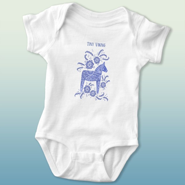 Swedish Dala Horse Blue Tiny Viking Baby Bodysuit Baby Strampler (Tiny Viking Swedish Dala Horse  baby bodysuit)